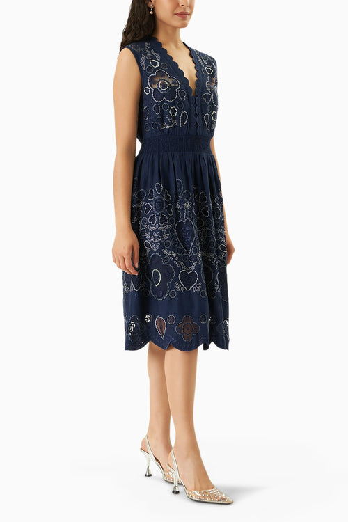 Stefania Blue Embroidered Dress