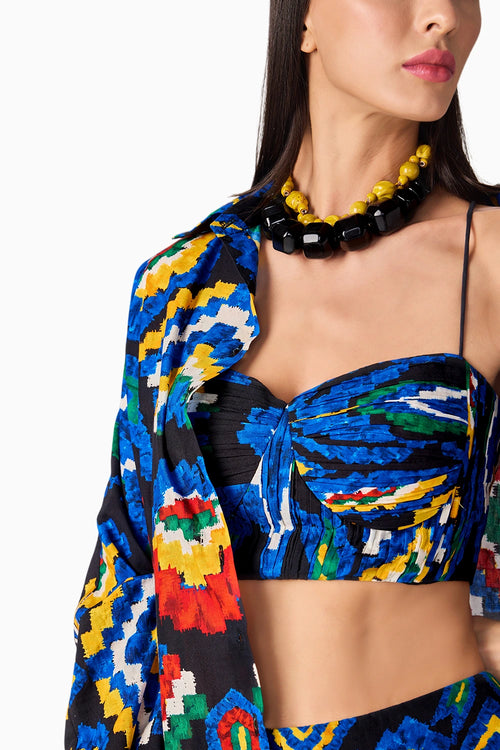 Black Multi Ikat Sia Shirt With Bustier & Skort