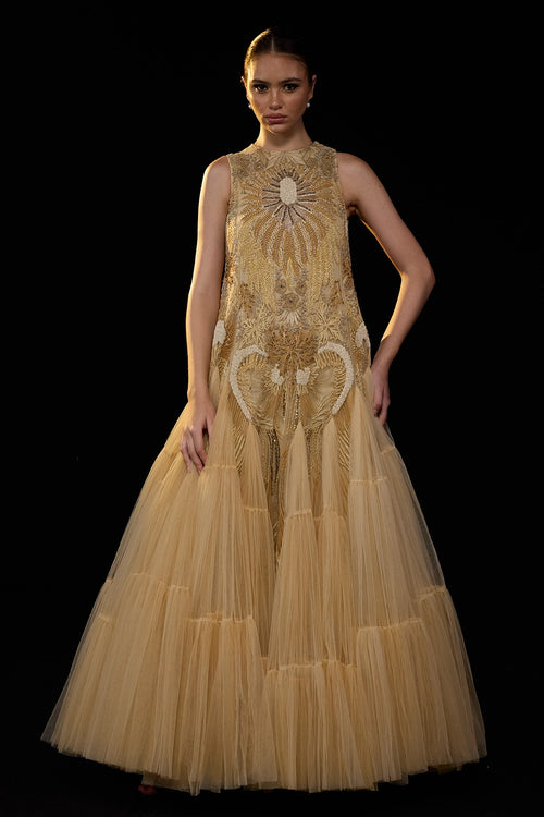 Off-Shoulder Structured Sleeve Gown