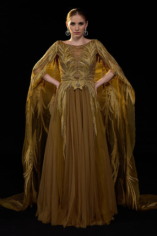 Golden-Bronze Embroidered Cape Sleeve Gown