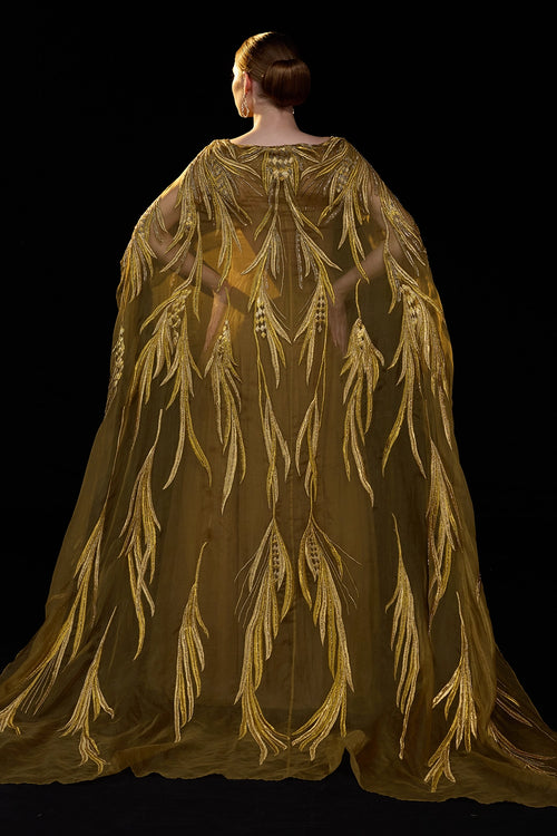 Golden-Bronze Embroidered Cape Sleeve Gown