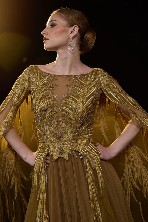 Golden-Bronze Embroidered Cape Sleeve Gown