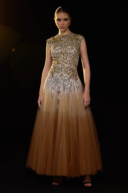Ombré Tulle Gown with Leaf Embroidery