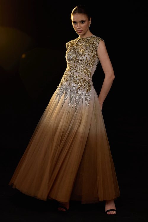 Ombré Tulle Gown with Leaf Embroidery