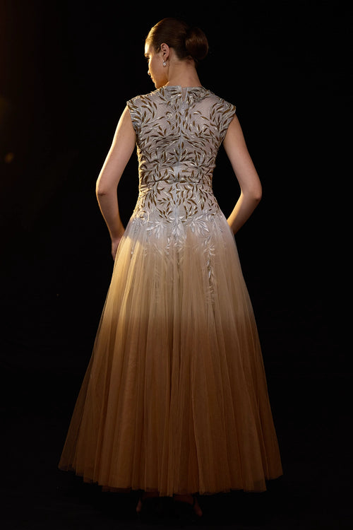 Ombré Tulle Gown with Leaf Embroidery