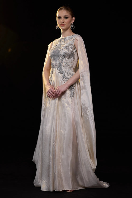 Ivory Draped Gown with Silver Embellished Bodice