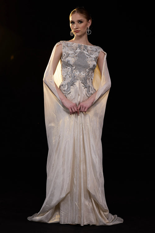 Ivory Draped Gown with Silver Embellished Bodice