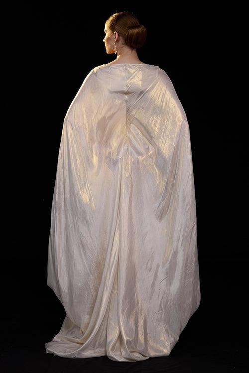 Ivory Draped Gown with Silver Embellished Bodice