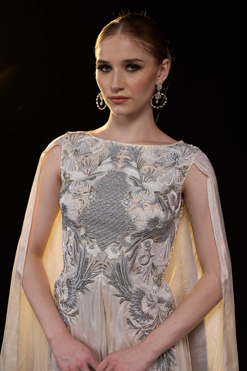 Ivory Draped Gown with Silver Embellished Bodice