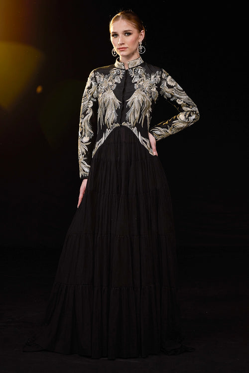 Black Gown with Metallic Gold Embroidery