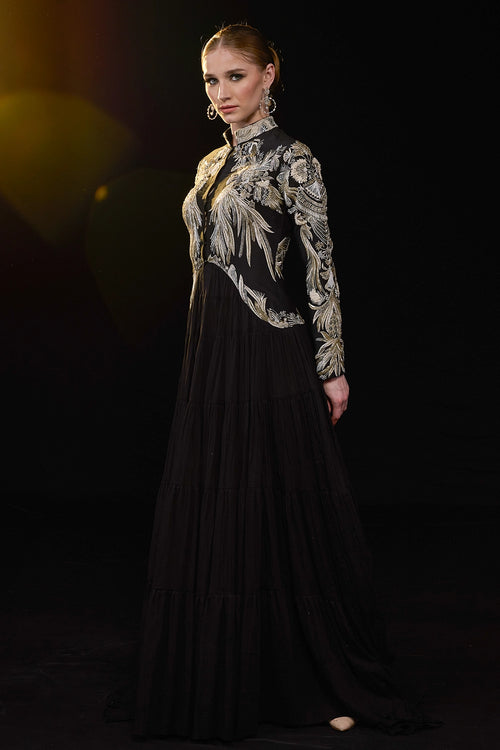 Black Gown with Metallic Gold Embroidery
