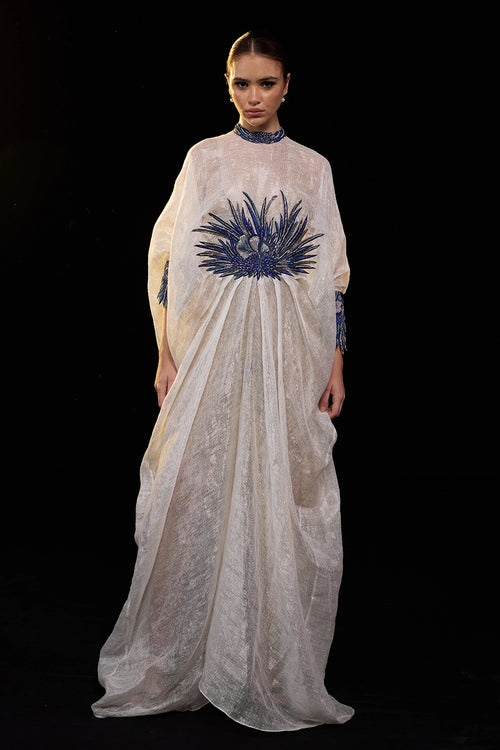 Ivory Draped Gown with Blue Embroidery