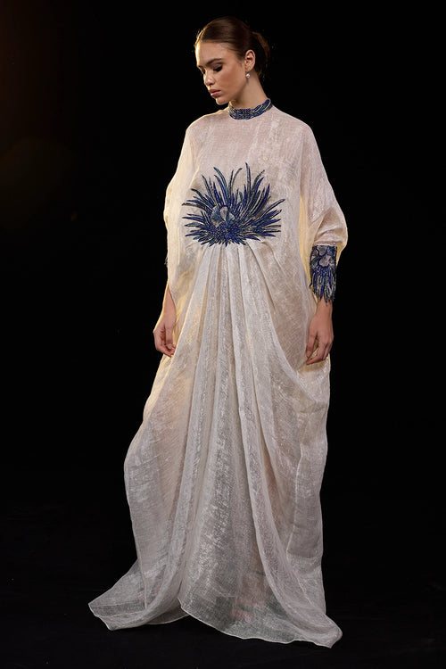 Ivory Draped Gown with Blue Embroidery