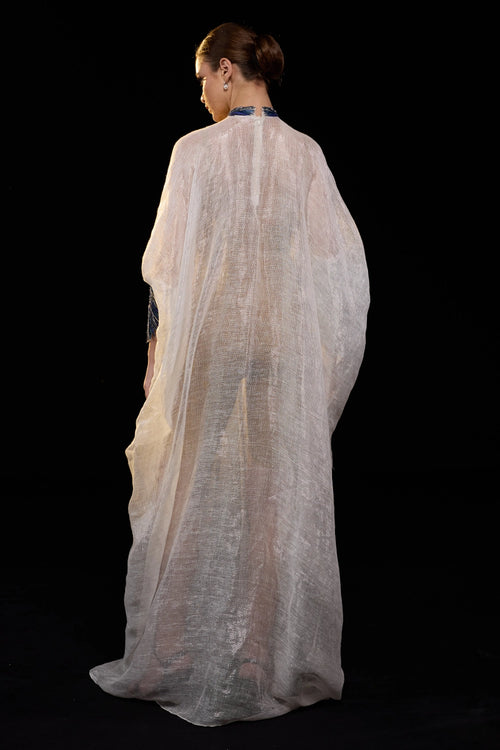 Ivory Draped Gown with Blue Embroidery