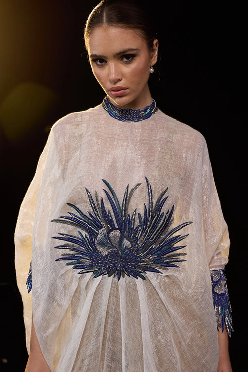 Ivory Draped Gown with Blue Embroidery