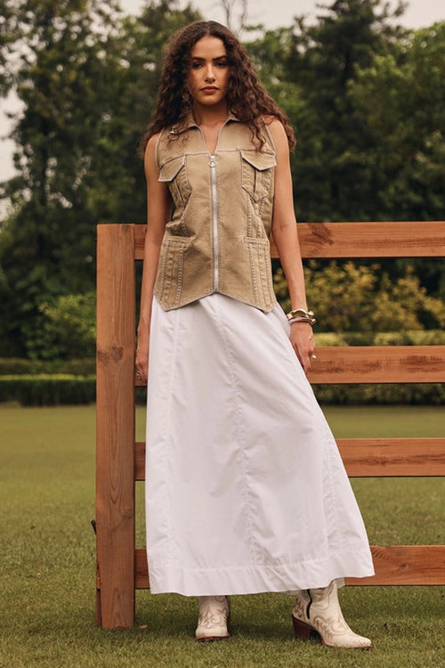 Maple Tan Denim Waist Coat with Panelled Skirt
