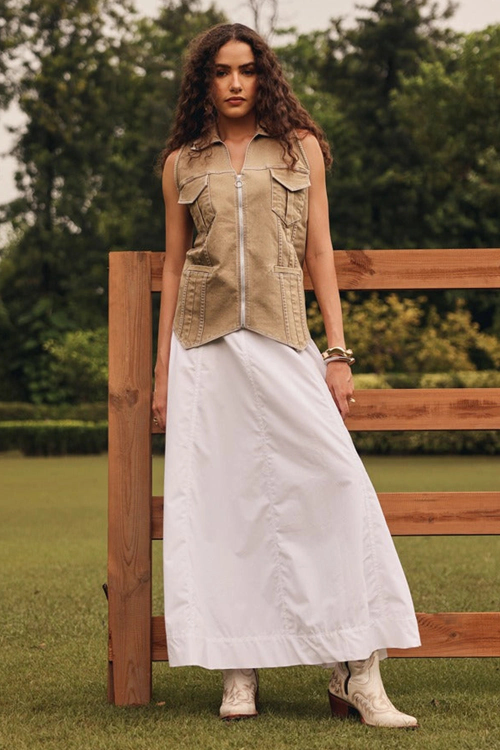 Maple Tan Denim Waist Coat with Panelled Skirt