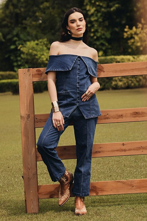 Ilana Off-shoulder Denim Coat with Straight Pants