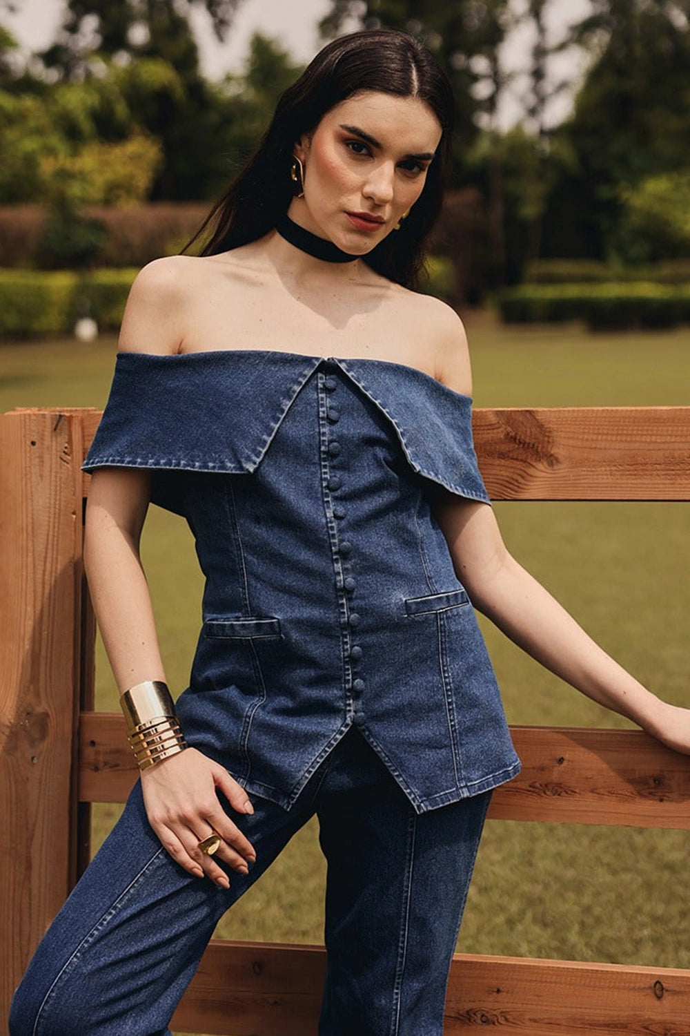 Ilana Off-shoulder Denim Coat with Straight Pants