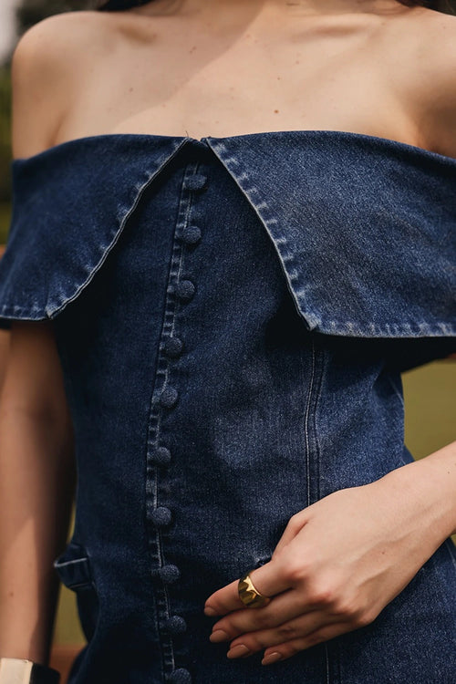 Ilana Off-shoulder Denim Coat with Straight Pants