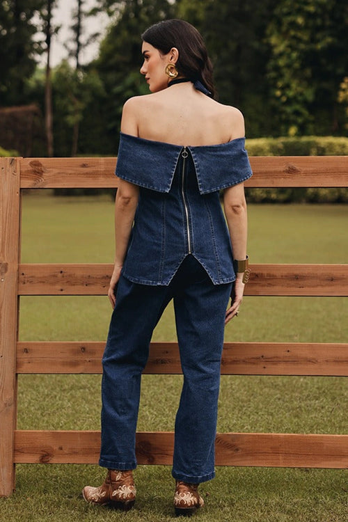 Ilana Off-shoulder Denim Coat with Straight Pants