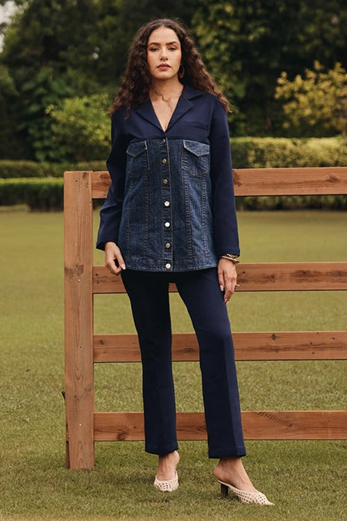 Navy Denim Blazer with Straight Pants