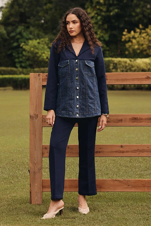 Navy Denim Blazer with Straight Pants