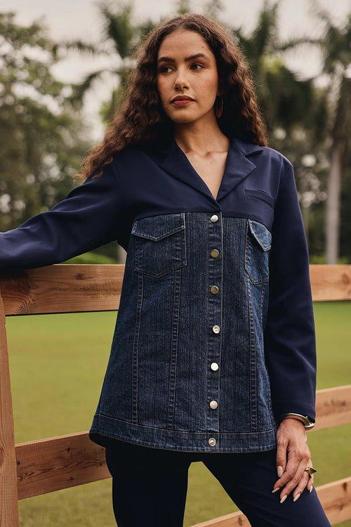Navy Denim Blazer with Straight Pants