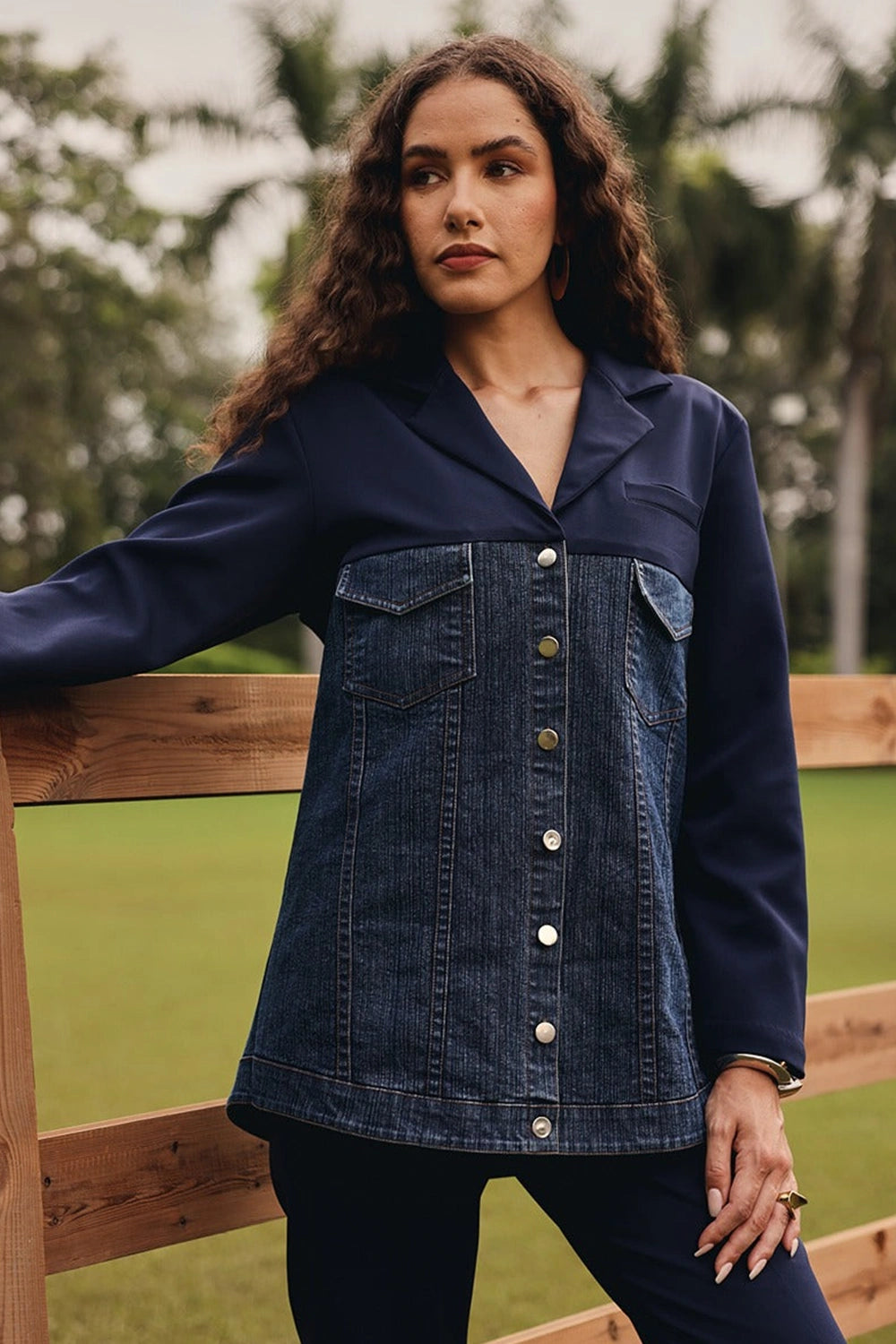 Navy Denim Blazer with Straight Pants