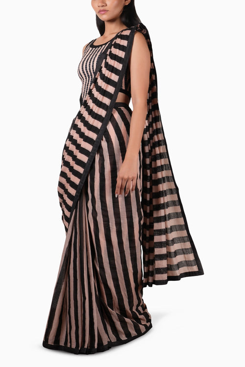 Pink With Charcoal Block Printed Saree