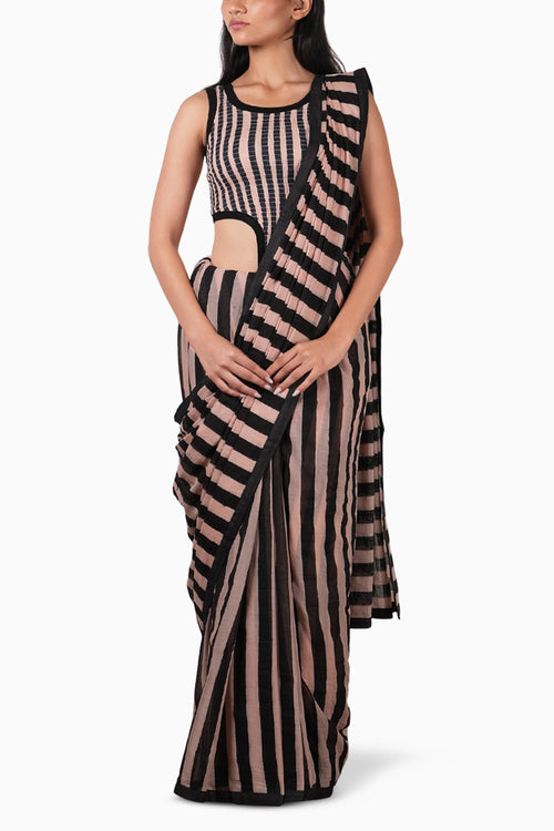 Pink With Charcoal Block Printed Saree