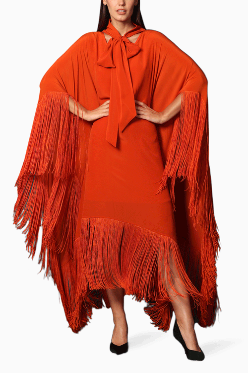 Scarf Collar Kaftan Asymmetrical Dress With Fringes