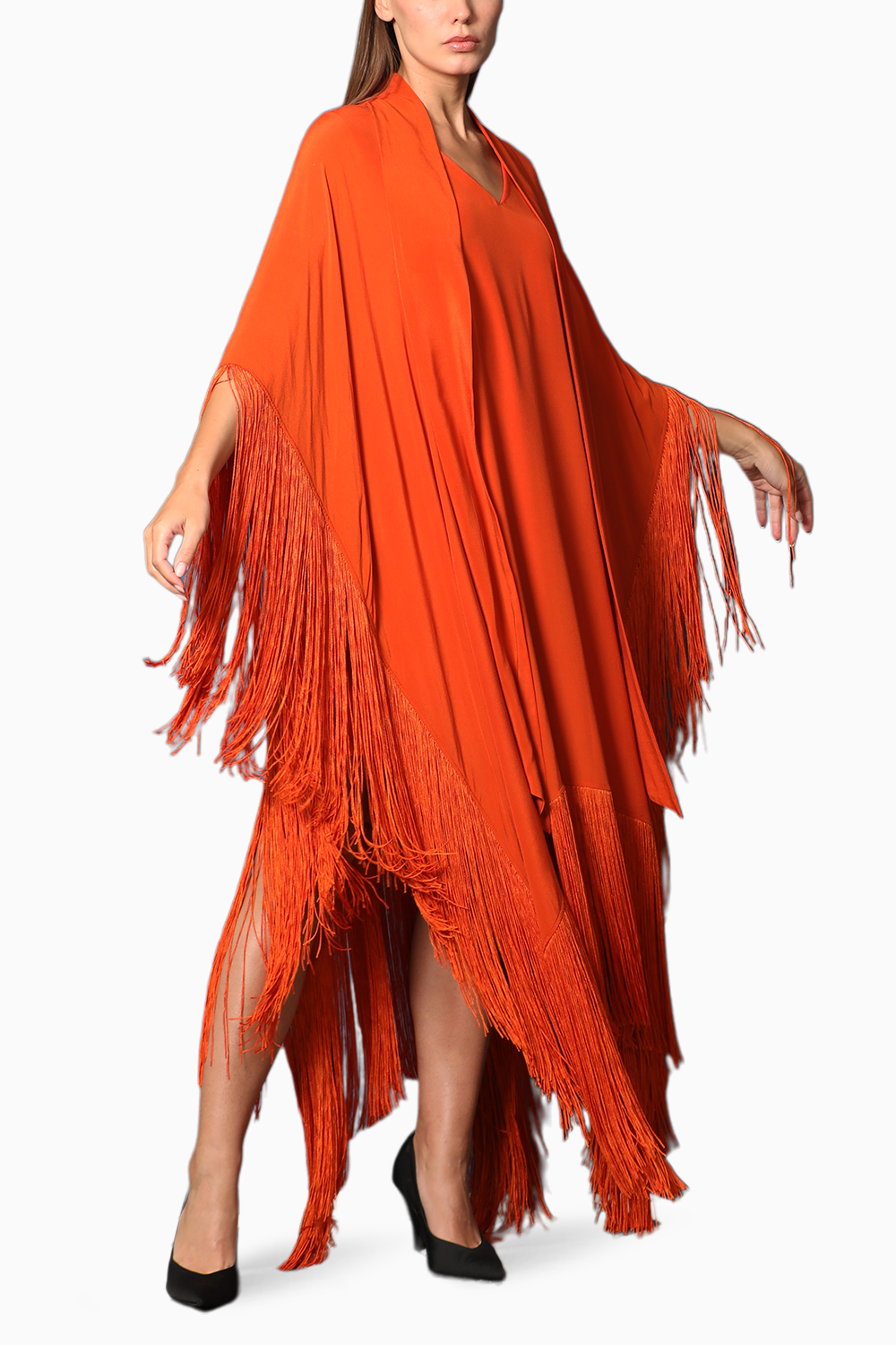 Scarf Collar Kaftan Asymmetrical Dress With Fringes