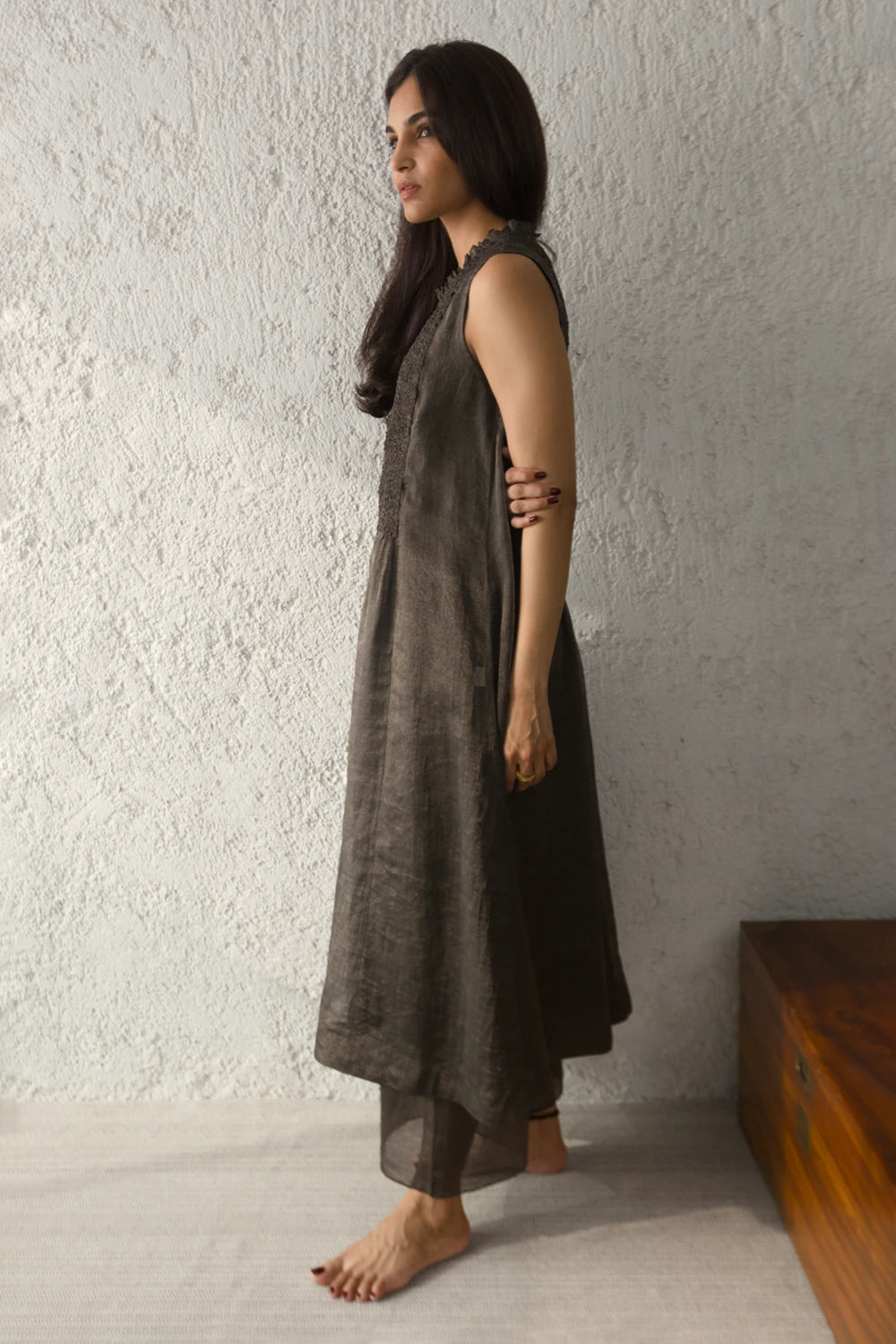 Pewter Scrunchy Yoke Shift Dress