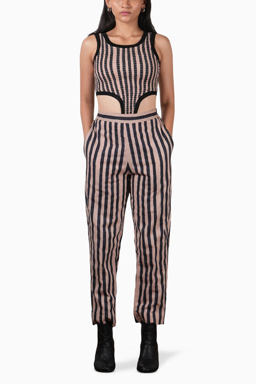 Pink With Charcoal Block Printed Smocked Bodysuit and Pant Set