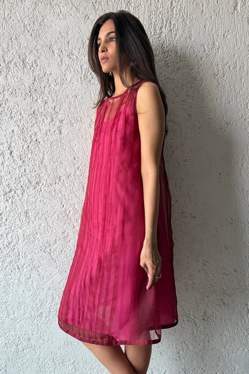 Pleated Sheer Shift Dress