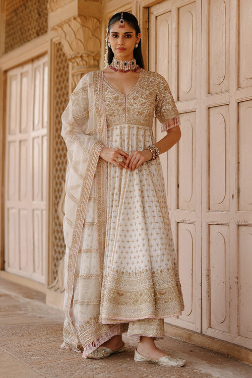 Nafees Daisy Ivory Kalidaar Anarkali Set with Palazzo and Dupatta