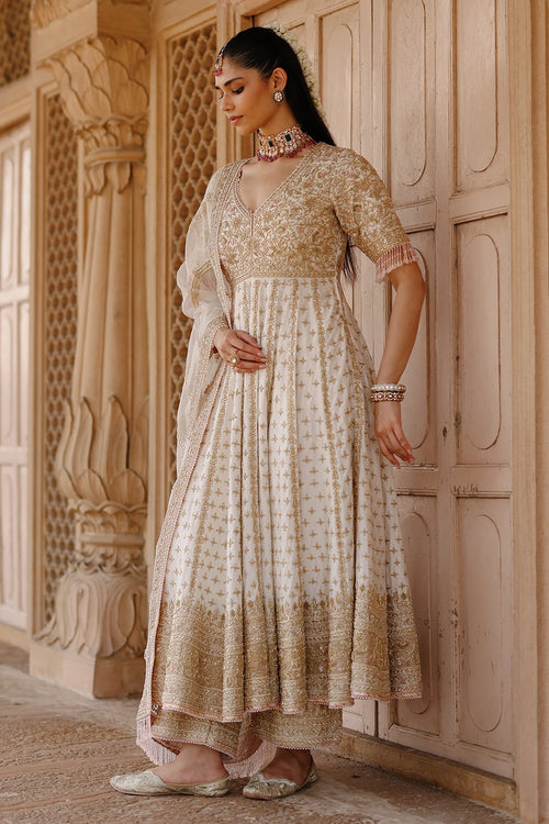 Nafees Daisy Ivory Kalidaar Anarkali Set with Palazzo and Dupatta
