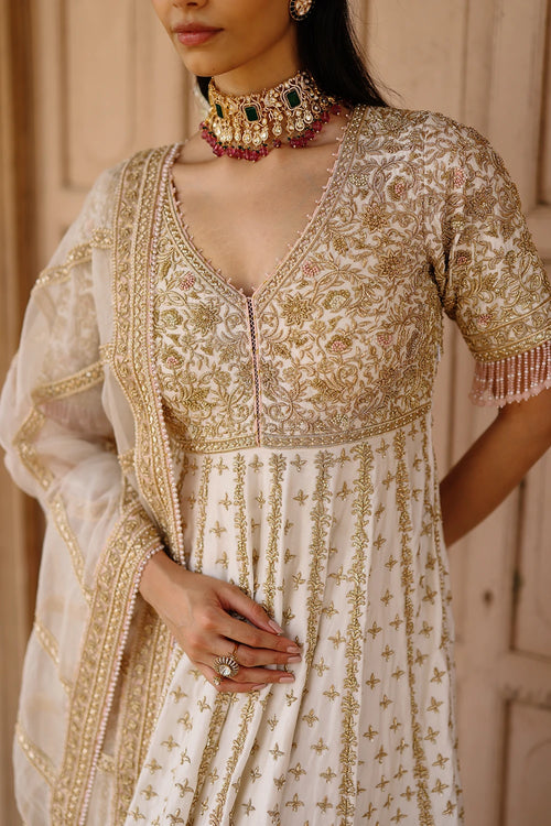 Nafees Daisy Ivory Kalidaar Anarkali Set with Palazzo and Dupatta