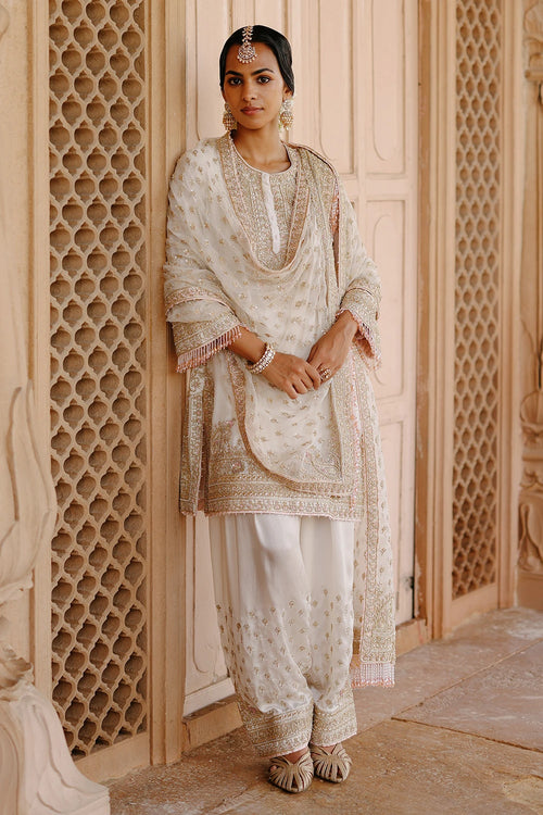 Ansha Daisy Ivory Short Kurta Set with Salwar and Dupatta
