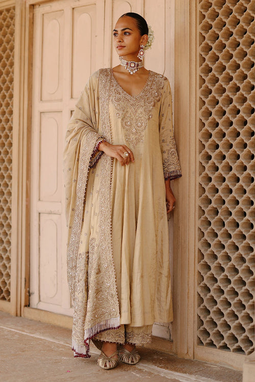 Rooh Gold Tissue Long Kalidaar Anarkali with Palazzo and Dupatta