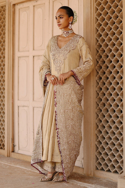 Rooh Gold Tissue Long Kalidaar Anarkali with Palazzo and Dupatta