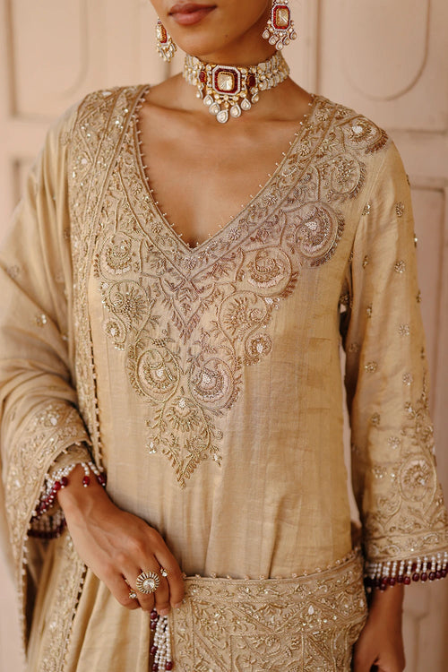 Rooh Gold Tissue Long Kalidaar Anarkali with Palazzo and Dupatta