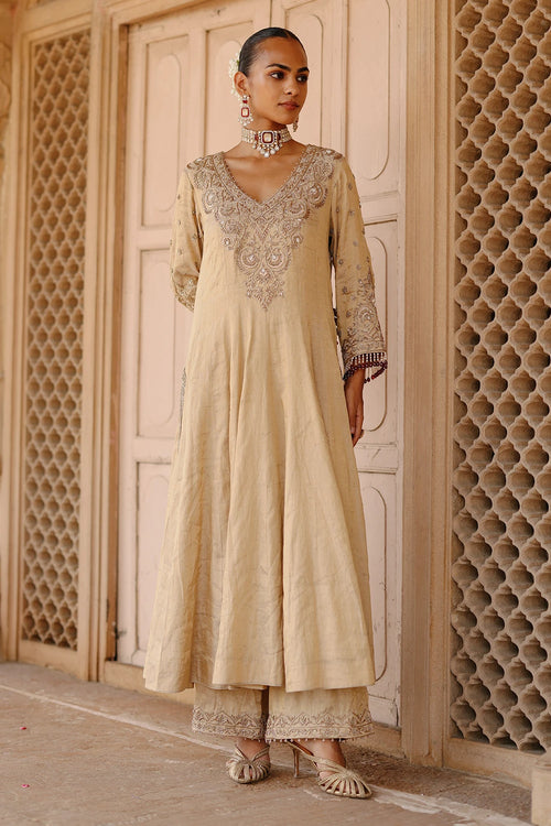 Rooh Gold Tissue Long Kalidaar Anarkali with Palazzo and Dupatta