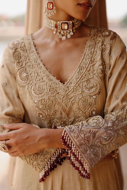 Rooh Gold Tissue Long Kalidaar Anarkali with Palazzo and Dupatta