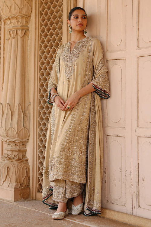 Nazaara Gold Tissue Long Kalidaar Chauga with Palazzo and Dupatta