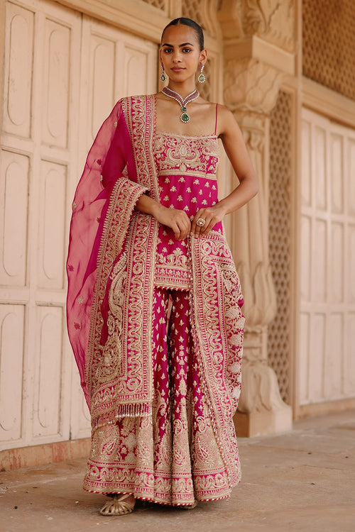 Nisbat Hot Pink Kurta Set with Garara and Dupatta