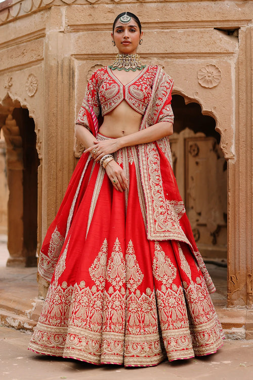 Mahroz Deep Red Lehenga Set with Blouse and Dupatta