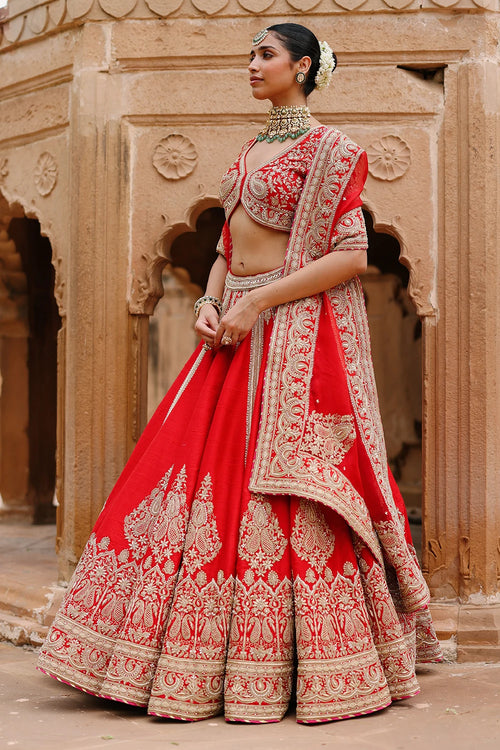 Mahroz Deep Red Lehenga Set with Blouse and Dupatta
