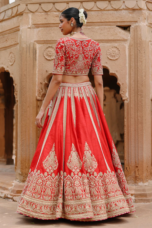 Mahroz Deep Red Lehenga Set with Blouse and Dupatta